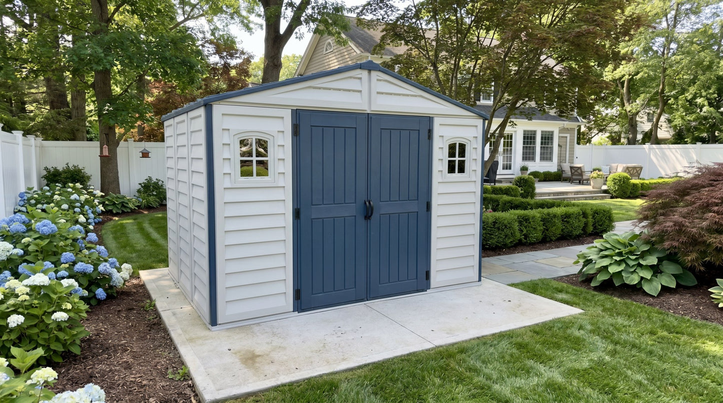 Duramax RidgeLine 10.5x8 vinyl storage shed 10114 product overview graphic