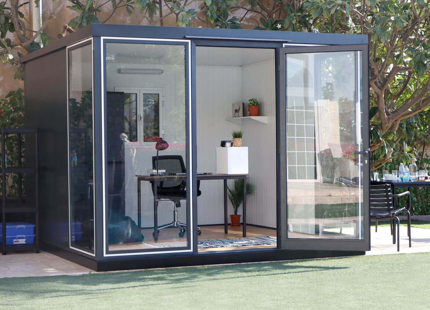 Duramax 10' x 10' Insulated Garden Glass Room Building 32001 front view set up like office