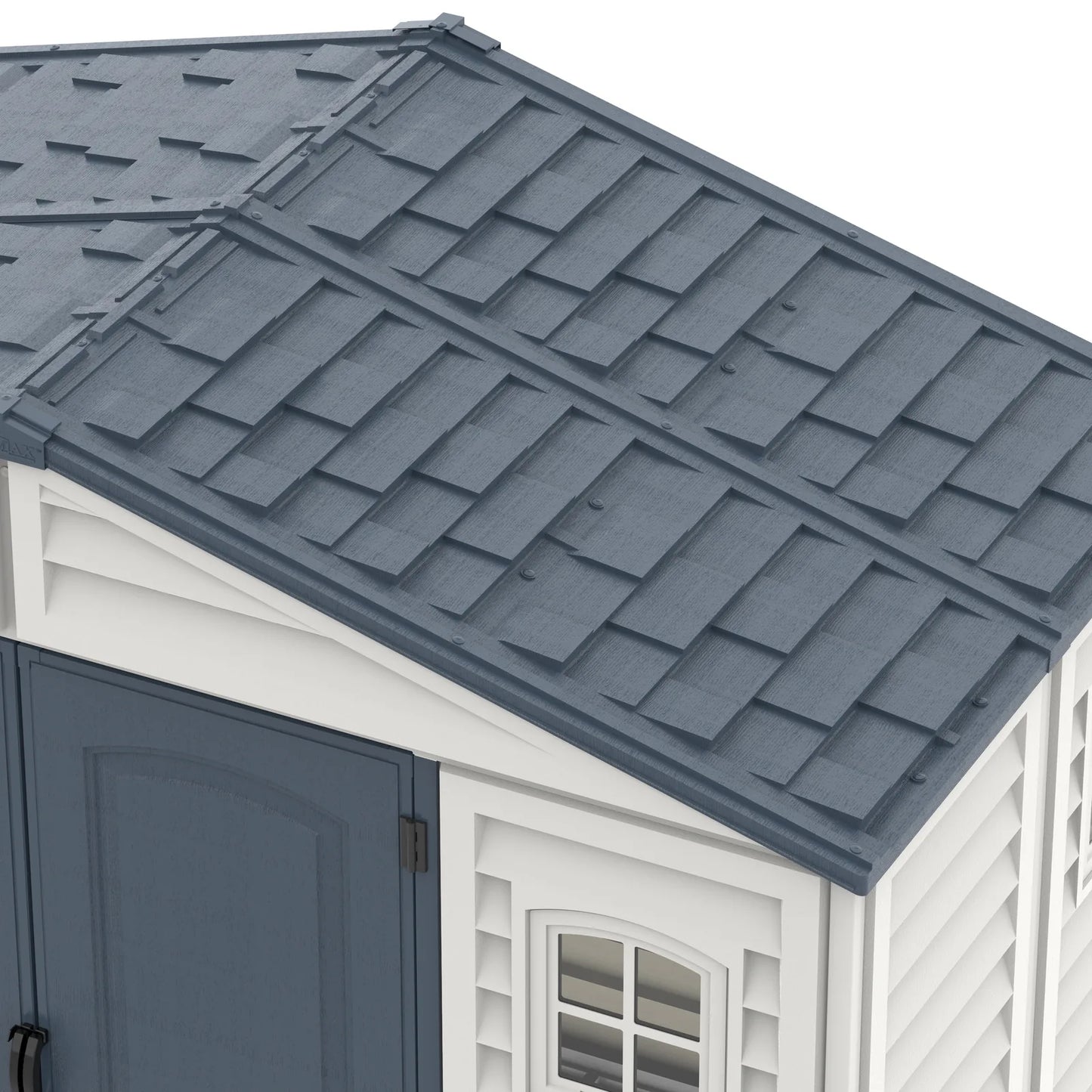 Duramax RidgeLine 10.5x5 vinyl storage shed 10105 Dark Grey shingle-style roof detail