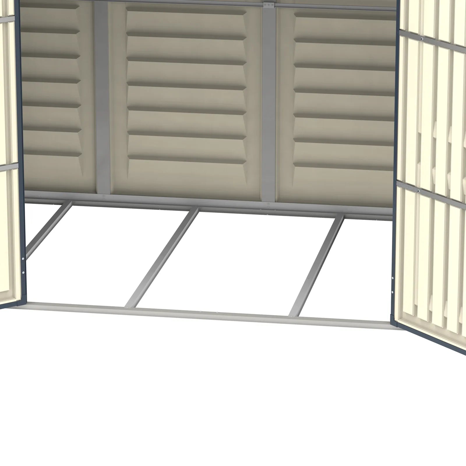 Duramax RidgeLine 10.5x5 vinyl storage shed 10105 interior view of the metal foundation frame