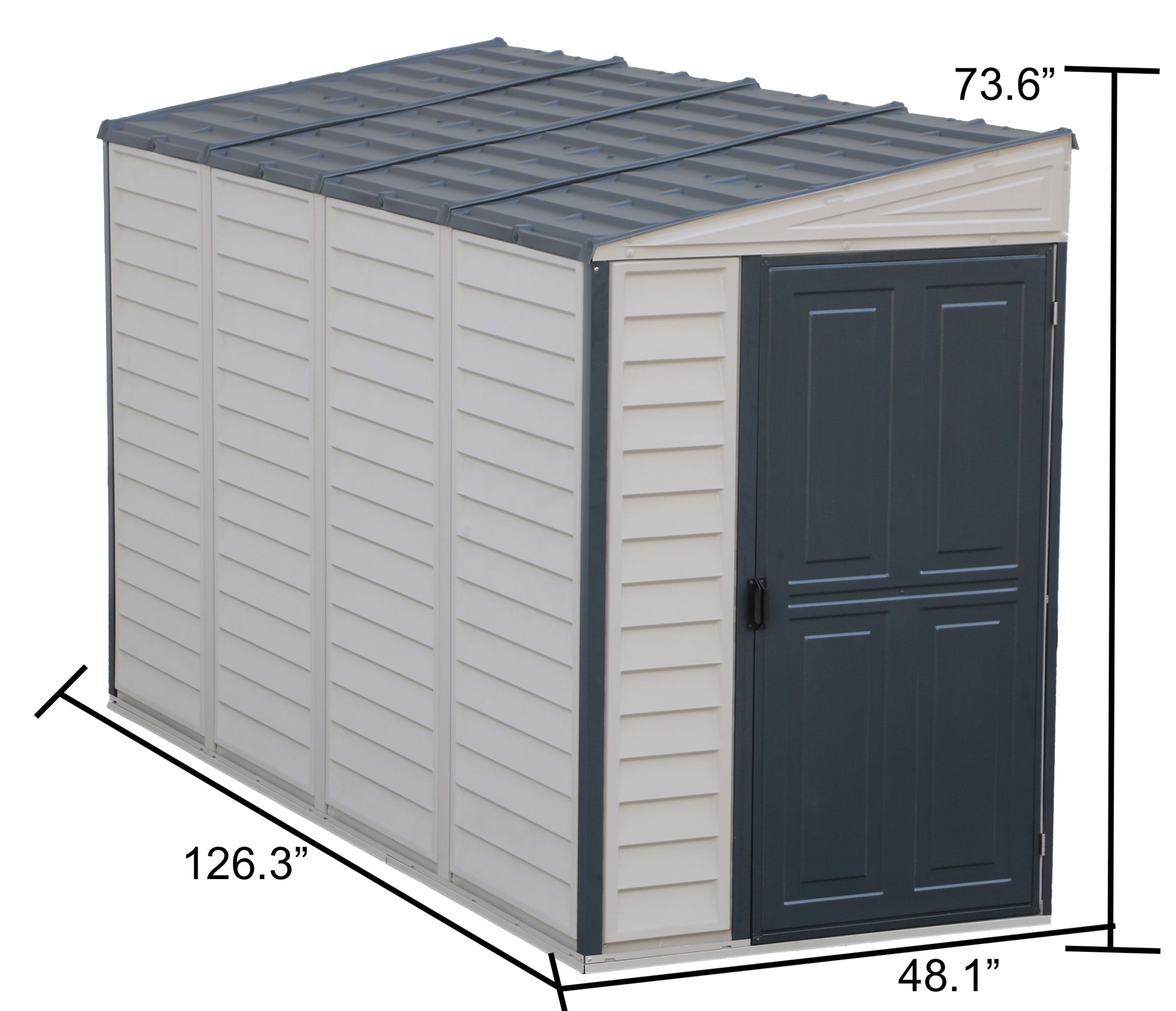 Duramax 4x10 Sidemate Shed w/ Foundation Adobe 36725 angled view from high with dimensions