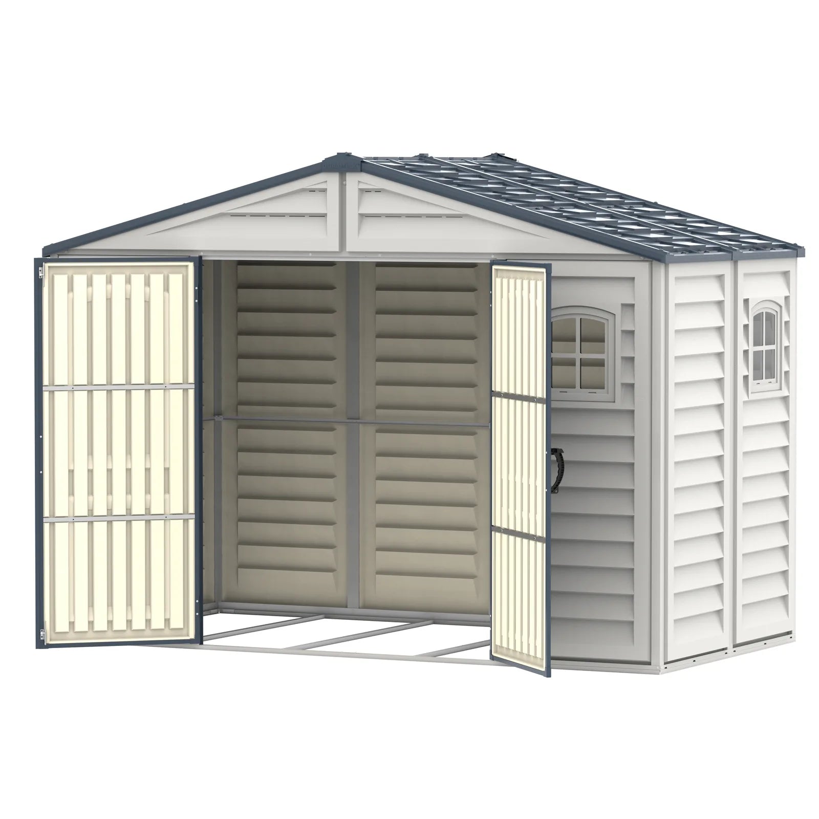 Duramax RidgeLine 10.5x5 vinyl storage shed 10105 with double doors open
