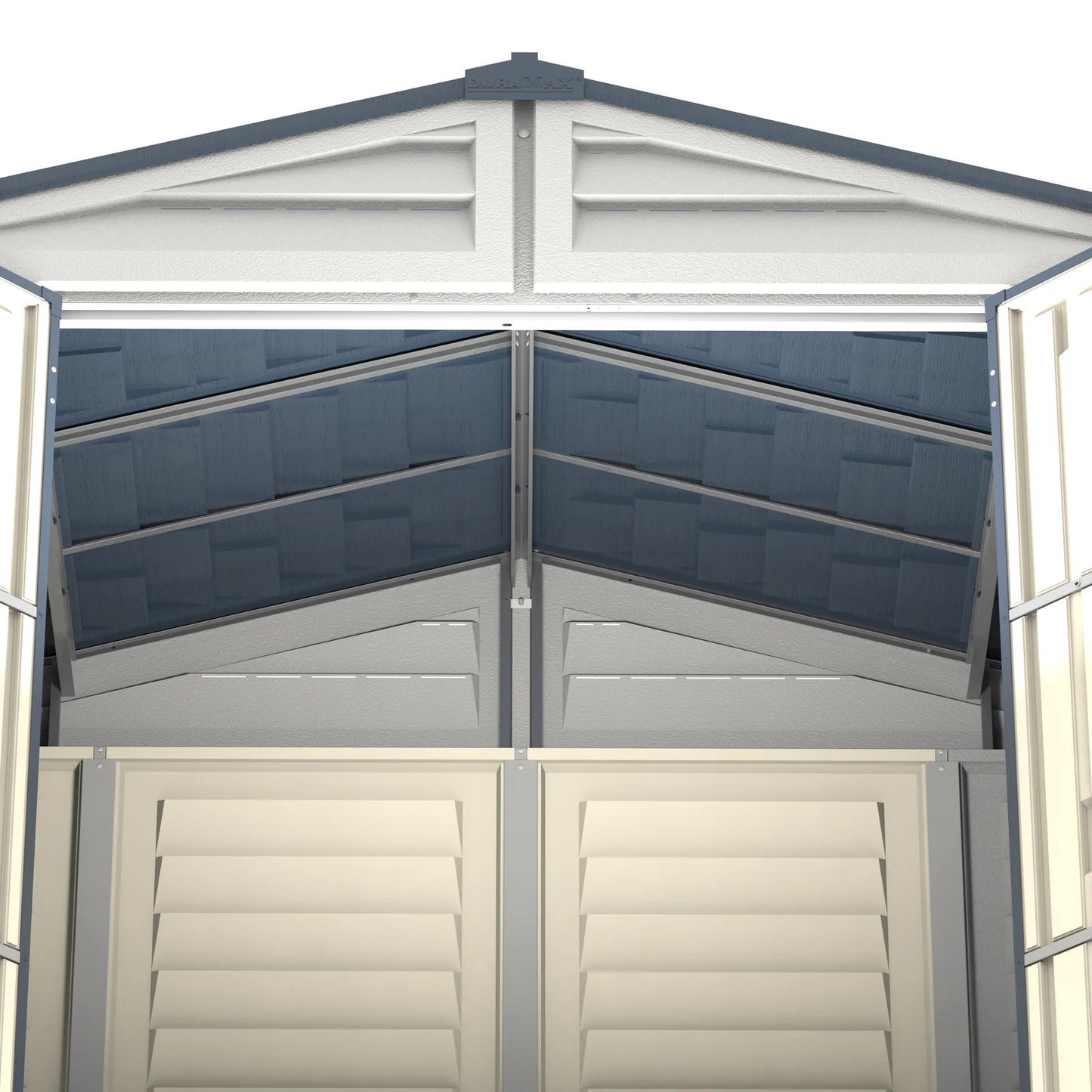 Duramax RidgeLine 10.5x5 vinyl storage shed 10105 interior view of roof support components