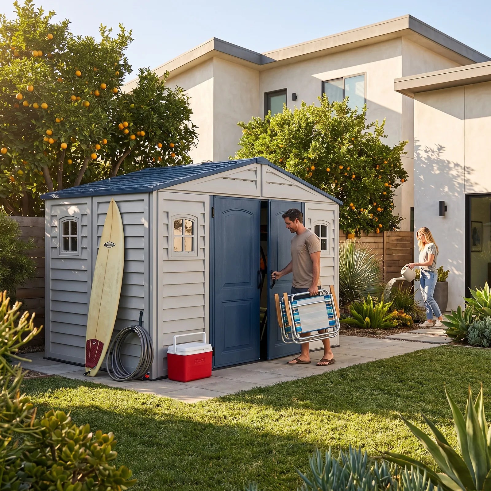 Duramax RidgeLine 10.5x5 vinyl storage shed 10105 beside a home with outdoor gear nearby