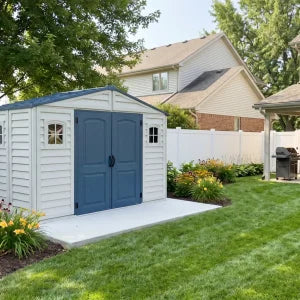 Duramax RidgeLine 10.5x5 vinyl storage shed 10105 in a landscaped backyard