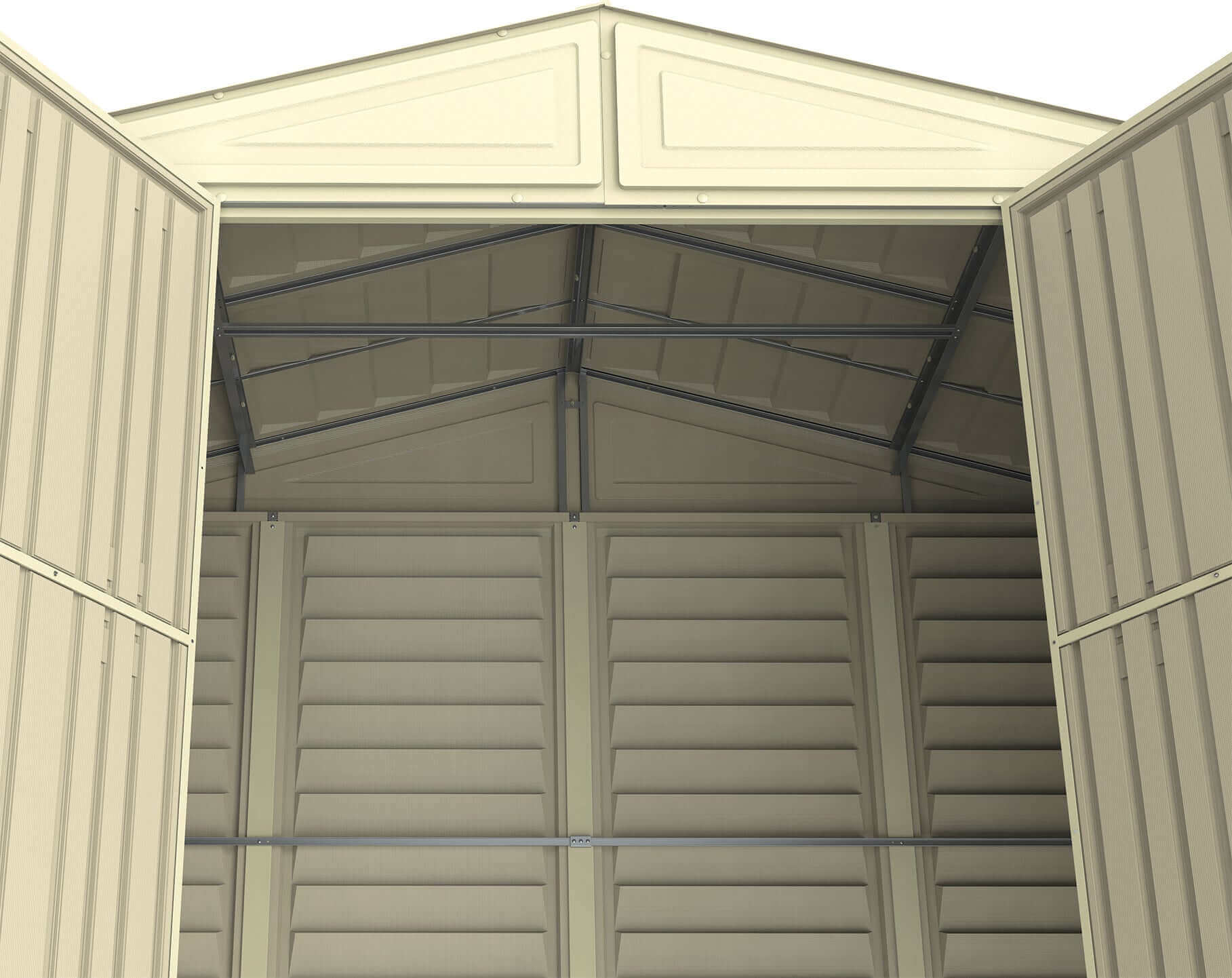 Duramax 10.5' x 5.0' Woodbridge with Foundation 00283 Front doors open looking up