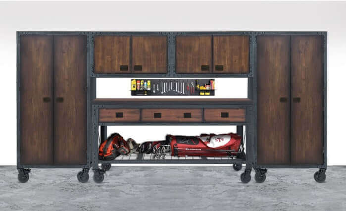 Duramax 5-Piece Garage Storage Combo Set w/ Workbench, Wall Cabinets front view 