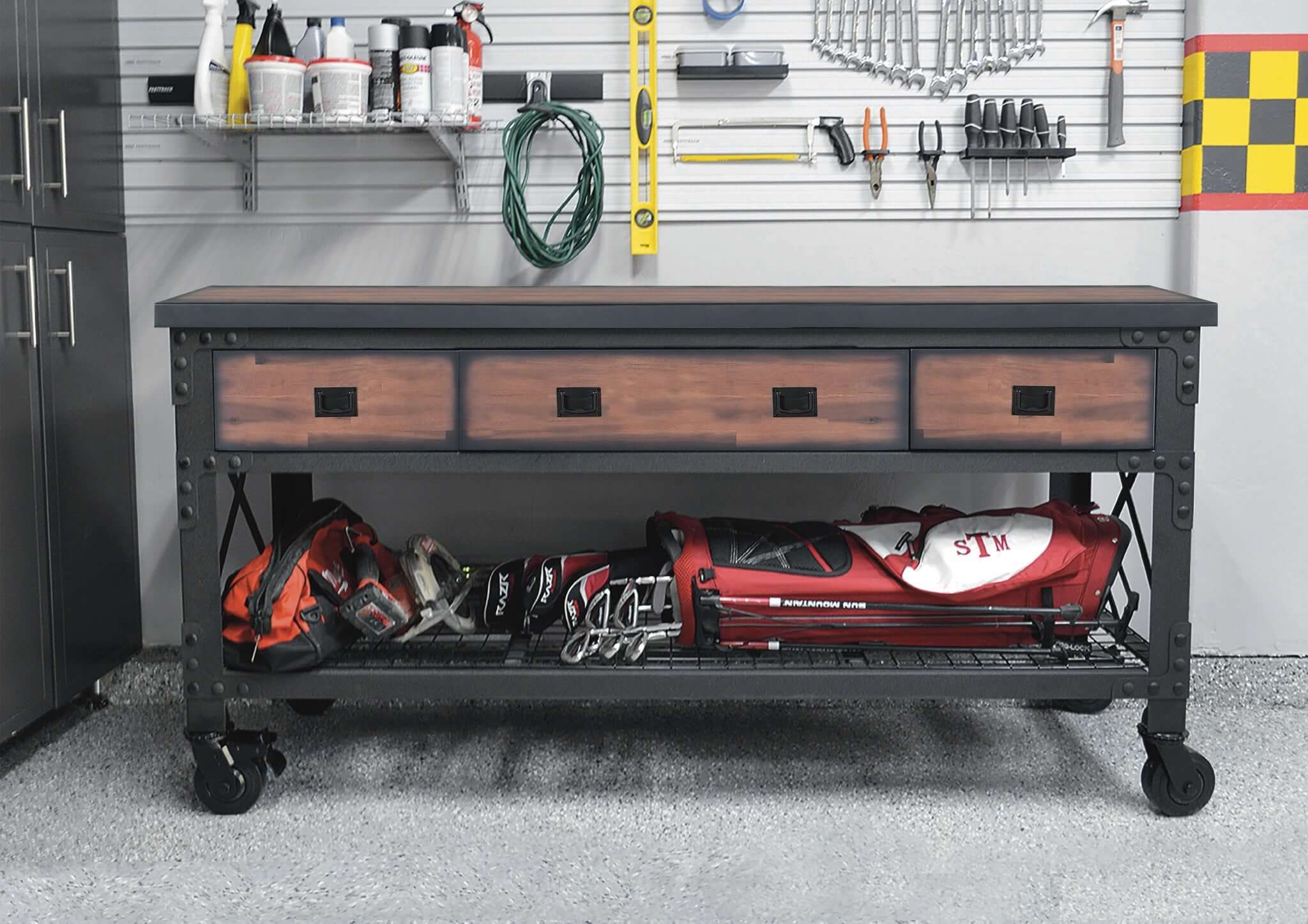 Duramax 72" W x 24" D Rolling Workbench 68001 lifestyle pic in garage with contents