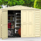 Duramax 8' x 5.3' DuraMate Shed with Foundation Kit 00184 shed in yard with door open filled with contents
