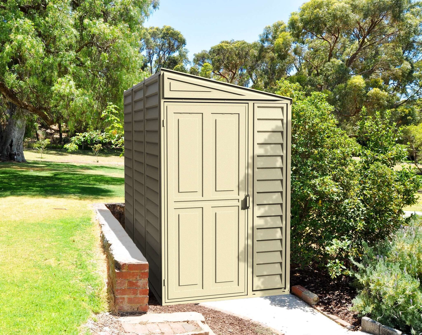 Duramax 4' x 8' SideMate Shed with Foundation 06625 outside in yard