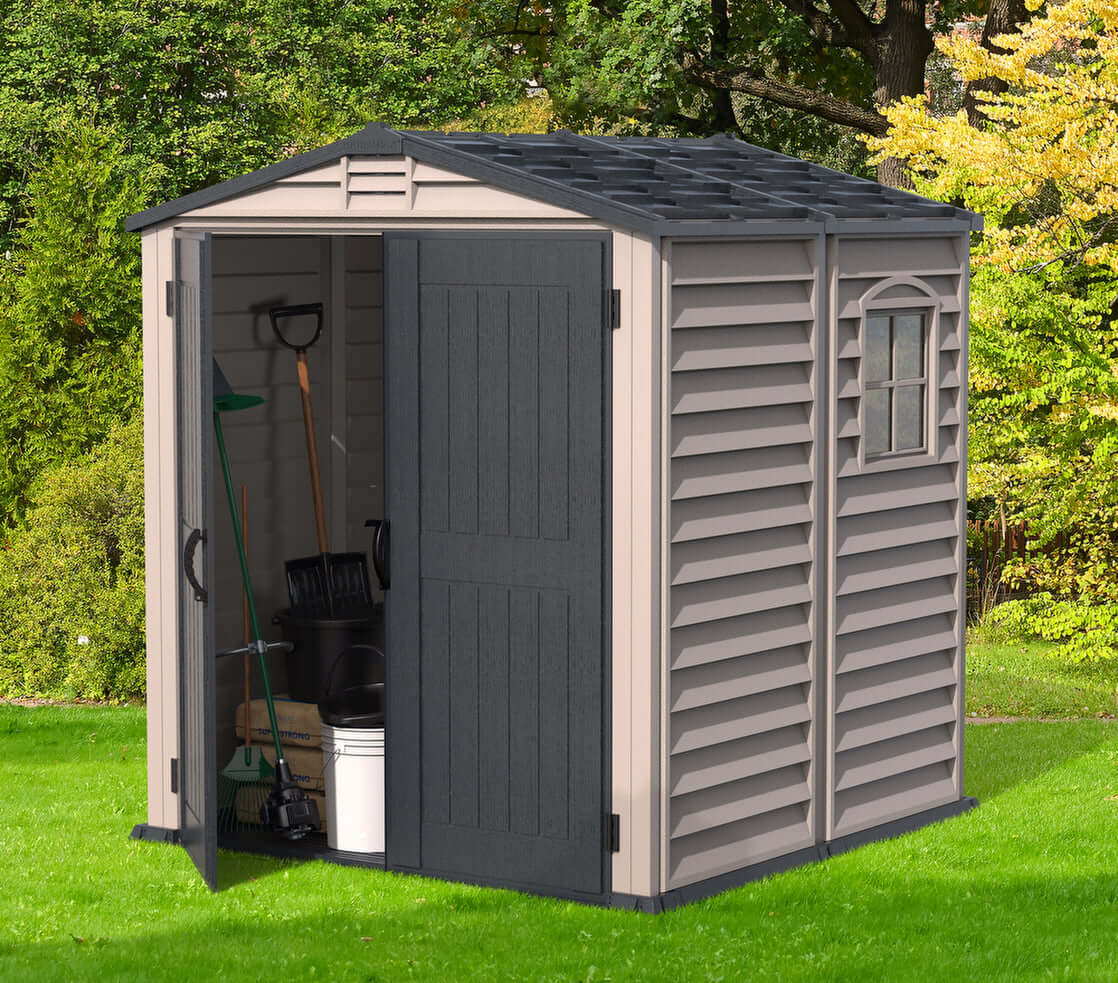Duramax 6' x 6' StoreMate Plus Vinyl Shed w/ Floor 30425 front view in yard
