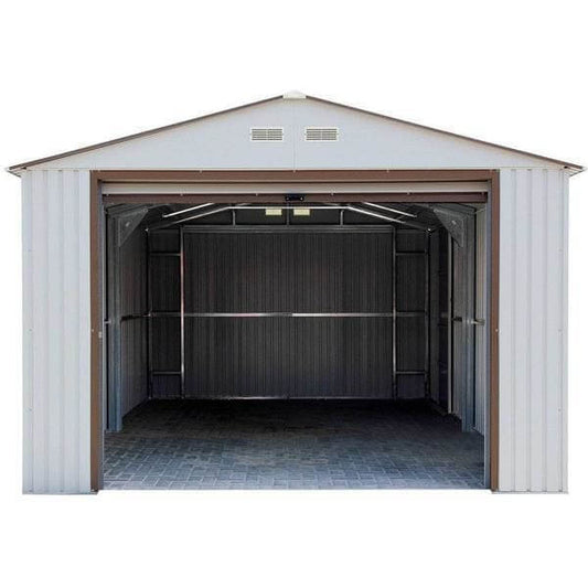 Duramax 12 x 20 Imperial Metal Garage Off White Brown 50931 level front door open