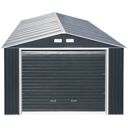 Duramax 12x20 Imperial Metal Garage Dark Gray w/ White Trim 50951 front angle elevated door down