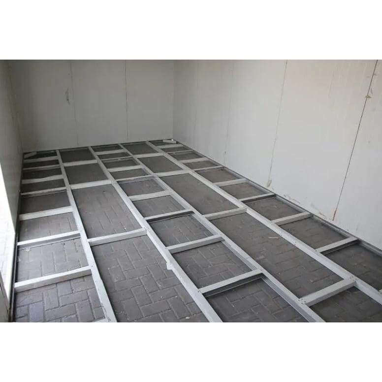 Duramax 16' x 10' Flat Roof Insulated Building 30852 interior view of foundation kit grid