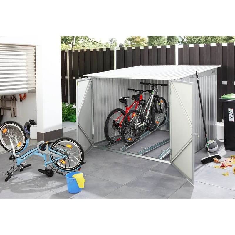 Duramax 6 x 6 Bicycle Store 73051 - Metal Shed shed built in driveway with bikes inside