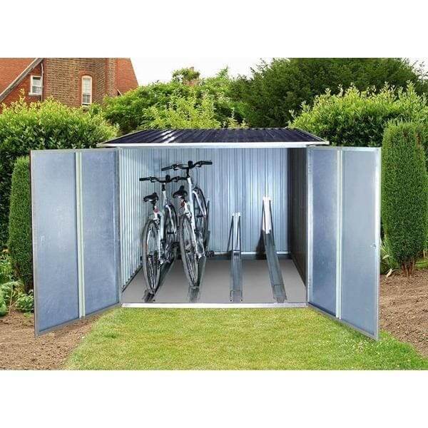 Duramax 6 x 6 Bicycle Store 73051 - Metal Shed doors open with two bikes in yard