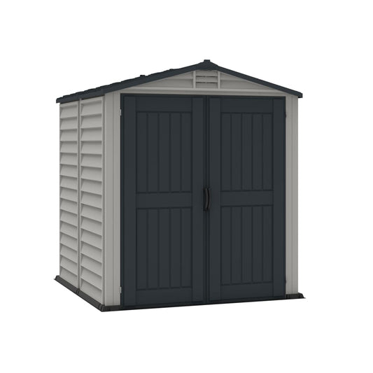 Duramax 6 x 6 StoreMate Plus Vinyl Shed w/ Floor 30425 - front view closed wide double doors 