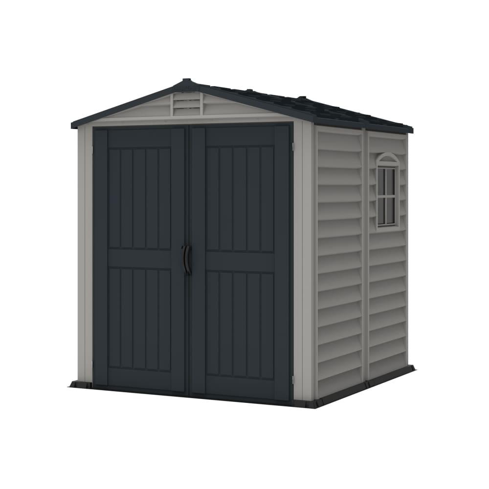 Duramax 6 x 6 StoreMate Plus Vinyl Shed w/ Floor 30425 - side view doors closed with a view of the side window