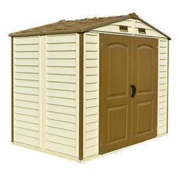 Duramax 8 x 6 StoreAll Vinyl Shed with Foundation 30115 quarter away front view