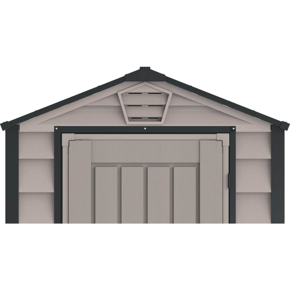 Duramax EverMore 4' x 6' Vinyl Storage Shed 30625 close up front top vent